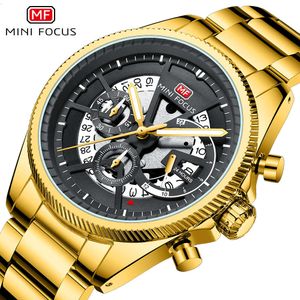 MINI FOCUS Uitgeholde mechanische stijl Multifunctioneel waterdicht quartz stalen band herenhorloge 0490G