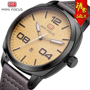 MINI FOCUS Japans uurwerk voor heren, kalender, nachtgloed, waterdicht, lederen horlogebandje 0013G