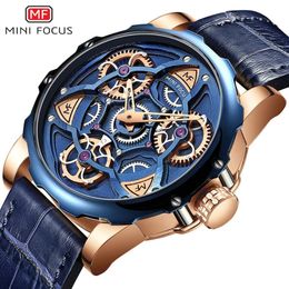 Mini Focus Mens Watchs Top Brand Luxury Sport Style Design Quartz Watch Men Blue Leather Strap 30m imperméable Relogio Masculino T201E