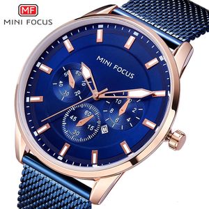 MINI FOCUS Minimalistisch Zakelijk Quartz Night Glow Kalender Waterdicht Mesh Riem Herenhorloge Nep Drie Ogen 0178G