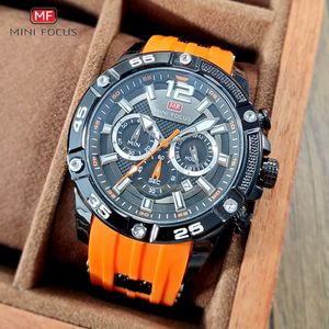 MINI FOCUS oranje horloge voor mannen militaire sport chronograaf quartz horloge met siliconen band waterdichte lichtgevende wijzers 0349