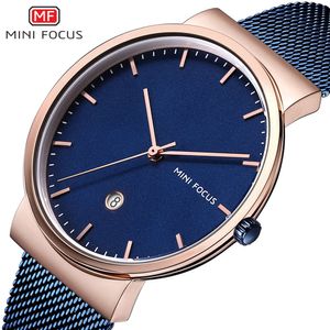 Reloj MINI Focus para hombre, movimiento japonés, calendario, resistente al agua, correa de malla metálica, recto, 0184G