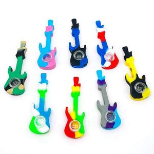 Mini Guitare Style Cool Coloré Tuyaux En Silicone Herbe Sèche Tabac Verre Épais Filtre En Métal Bol Portable Pipes À Main Porte-Cigarette Tube À Fumer À La Main DHL