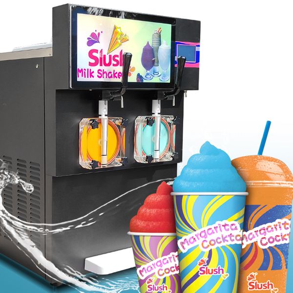 Machine à margarita pour boissons glacées à double réservoir Slushy avec écran tactile LED, caisson lumineux publicitaire, parfaite pour les snack-bars, supermarchés, cafés, restaurants