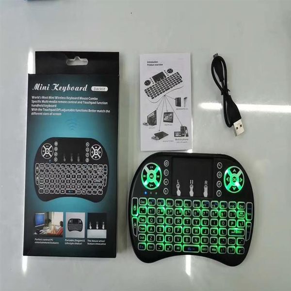 Mini i8 clavier sans fil rétro-éclairé rétro-éclairé 2 4G Air Mouse clavier télécommande pavé tactile batterie au lithium rechargeable pour Andro258r