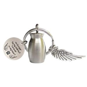 Mini Key Rings Cremation Urn Keychain con ala y etiquetas redondas para soporte de cenizas conmemorativas para el recuerdo del perro gato mascotas del regalo de joyería humana 223p