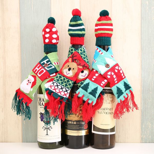 Mini Knit Santa Claus Reno Árbol de Navidad Vino Botella Bufanda Sombrero Festivo Dot Raya Sombrero Bufanda Decoración de mesa de comedor