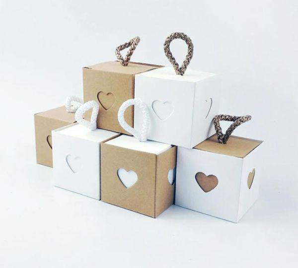 Mini boîte en papier Kraft avec fenêtre en forme de cœur, emballage cadeau pour bonbons et chocolats, décoration carrée blanche et marron pour mariage et anniversaire