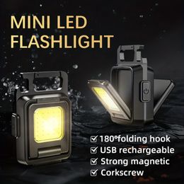 Mini LED Lampe de poche Keychain Light USB RECHARGAGE TORCH TORCH LUMBRE MULTIFUNCTIONNEL PORTABLE COB 90 ﾰ ROTATION LANTER