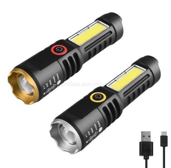 Mini lampe de poche LED puissante lampe de poche tactique avec lumière COB latérale lampe torche de camping en plein air lampe de poche rechargeable USB avec batterie 18650 Alkingline