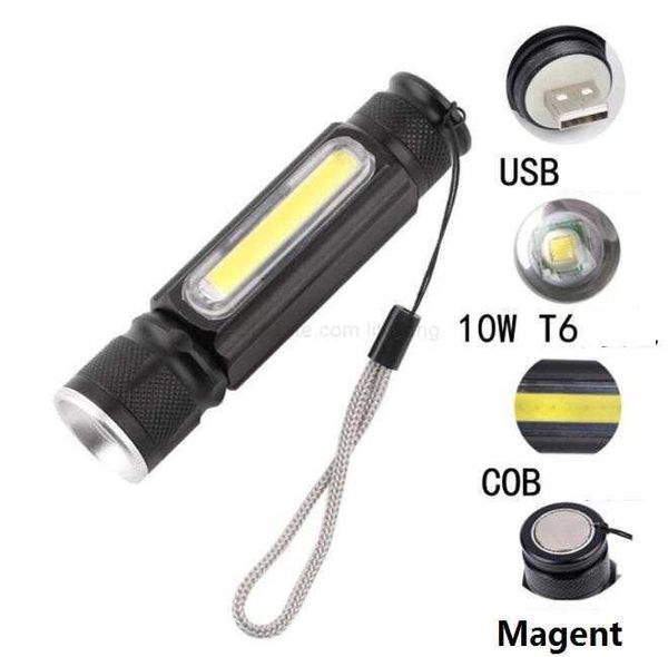 Mini lampe de poche LED T6 lampes de poche tactiques avec lumière latérale COB lampe torche de camping puissante lampe de poche rechargeable USB avec batterie 18650