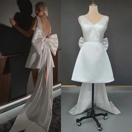 Mini-lengte satijnen trouwjurk drop-kort ivoor backless off-shoulder minimalistische bruidsjurken met grote strik 328 328