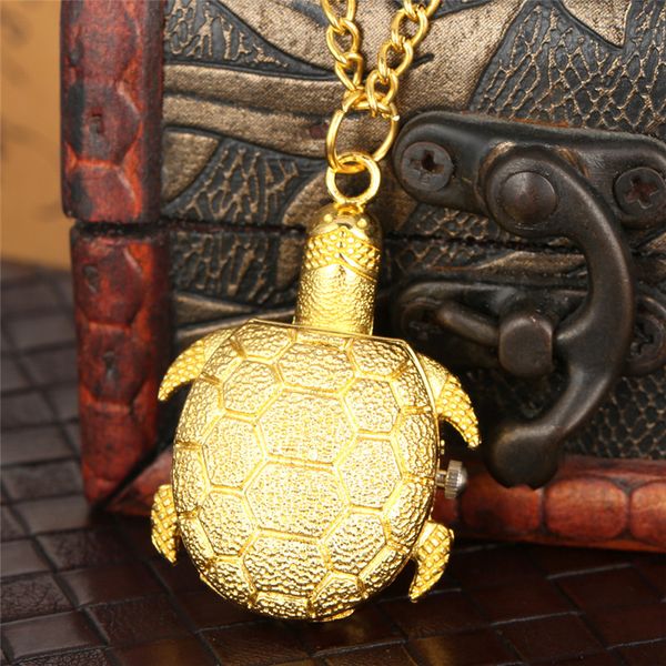 Mini precioso reloj de bolsillo analógico de cuarzo con diseño de tortuga dorada amarilla con cadena de collar, el mejor regalo para niñas adultas y niños, reloj de bolsillo