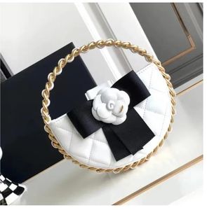 Mini-make-up tasje Portemonnee Mode Dames clutch Zacht schapenvacht Klassiek Camellia Goud Hardware Metalen gesp Strik Luxe draagtas Ronde taarttas Designer tassen met ketting