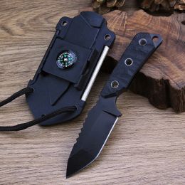 Minicuchillo multifuncional para cuello, cuchillo táctico para exteriores, cuchillo recto de autodefensa con brújula, herramientas EDC portátiles para acampar