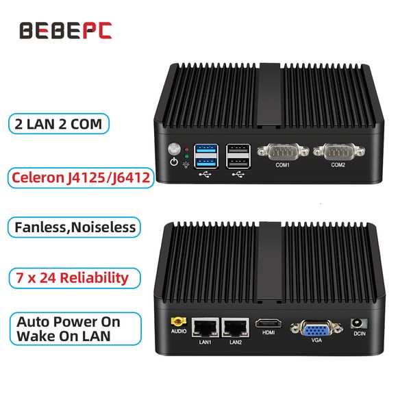 Mini PC BEBEPC Mini PC industrial Celeron J4125 Quad-Core 2955U Dual LAN Computadora de escritorio sin ventilador Windows 10 Pro Linux WIFI RS232 minipc 230925