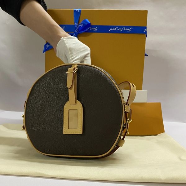 Mini Petite Boite Chapeau Bolsos cruzados redondos para mujer con correa de cuero ajustable Adorno de cuero de vaca original Bolso de mano tipo mensajero de lona Bolsos de hombro Droshipping