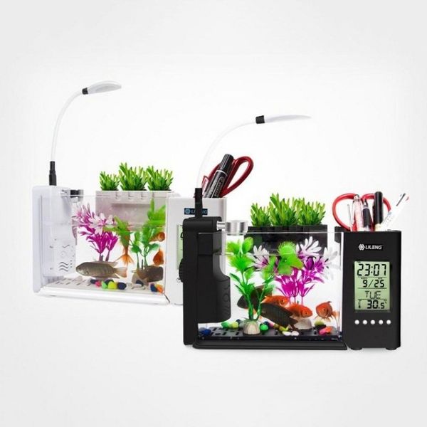 Mini en plastique aquarium Aquarium LEDGING USB Betta Fish Tanks avec porte-stylo écran d'écran d'écran LCD et acquario d'horloge