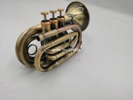 Mini trompeta de bolsillo Bb, Material de latón plano, instrumento de viento de cobre antiguo con boquilla, guantes, estuche de transporte