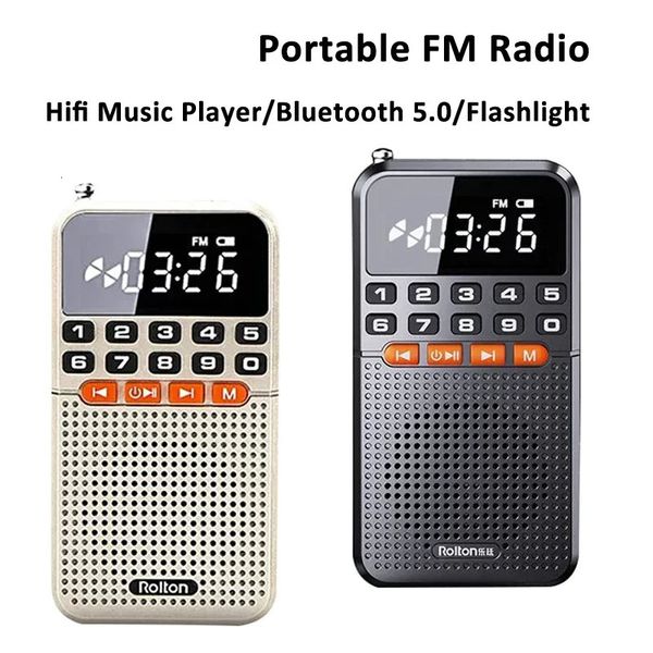 Mini portable Bluetooth 5.0 FM Radio double antenne récepteur radio de poche haut-parleur TF carte lecteur de musique avec lampe de poche LED 240102