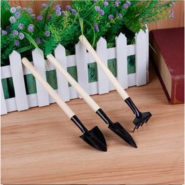 Mini Draagbare Tuinieren Tool Houten Handvat Metalen Hoofd Schop Rake Bonsai Gereedschap voor bloemen Planten 3 stks / set YHM299-WLL