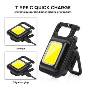 Mini lampe de poche Portable Rechargeable par USB, lampe de travail COB, porte-clés LED pour urgence en plein air, Camping, tire-bouchon, pêche