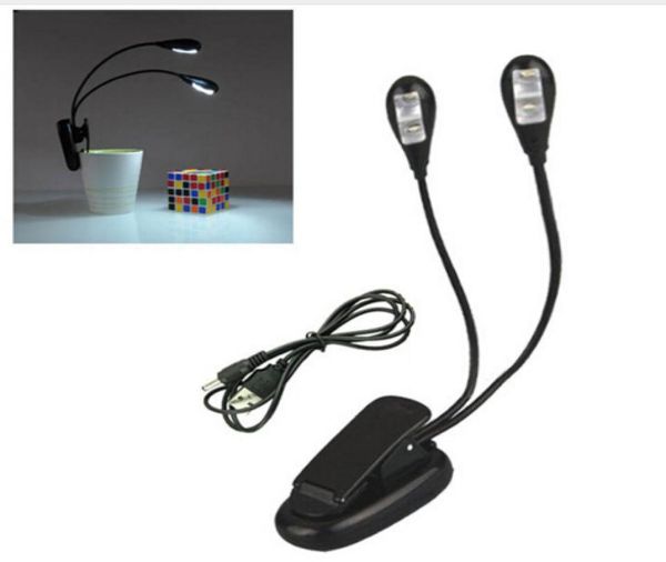 Mini lámpara USB portátil Luz de lectura de libros LED flexible para computadora portátil PC Soporte para computadora portátil Iluminación musical Blanco 2 brazos 4led 3xAAA Baterry5249338