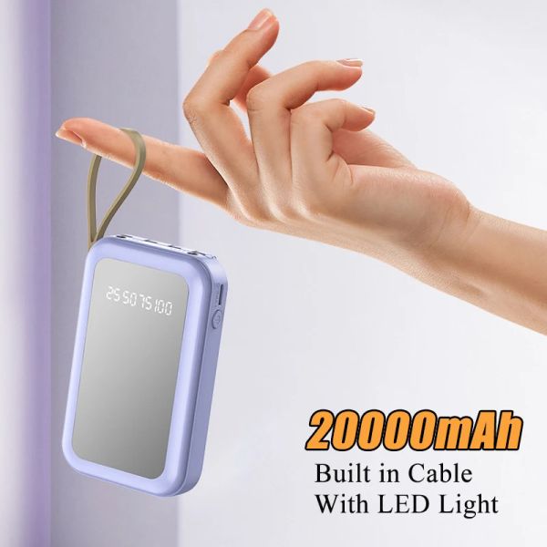Mini batterie externe 20000mAh chargeur Portable Powerbank câble intégré lumière LED batterie externe batterie pauvre pour iPhone Xiaomi
