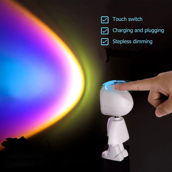 Mini projecteur lumières coucher de soleil arc-en-ciel alimenté par USB, variable, lumière de noël, lampe d'ambiance Robot pour prendre des photos, décoration murale de la maison