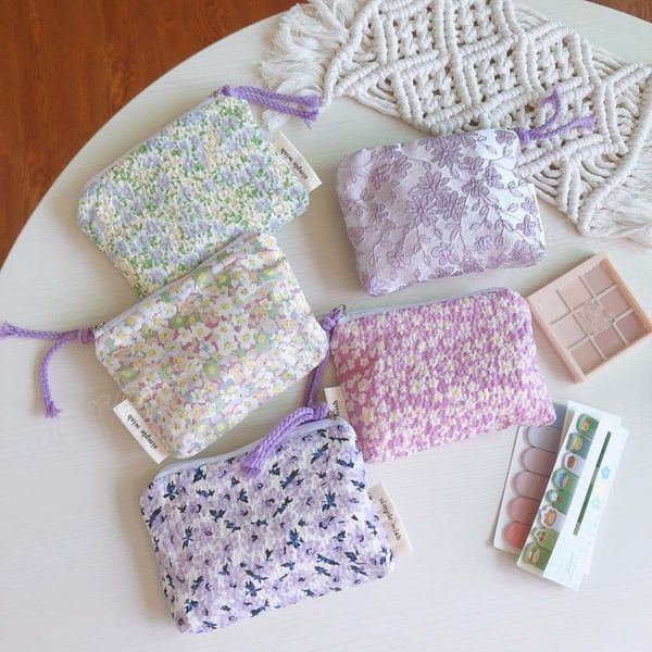 Mini sacs de rangement floraux en coton violet pour femmes, sac de maquillage cosmétique, porte-monnaie, pochette pour pièces de monnaie, sac de rangement pour serviettes hygiéniques