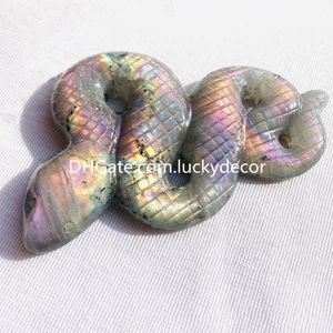 Mini Purple Pink Flash Labradorite Snake Snake Decor Natural Protective Fertility Transformatie Regenboog Spectrolite Crystal Gemstone Spirit Animal Totem
