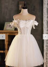 Mini robe de mariée trapèze courte, épaules dénudées, col en cœur, corset en dentelle plissée, robes de mariée de jardin d'été, robes d'occasion formelles pour femmes