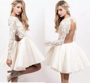 Mini korte witte kant homecoming jurken juweel lange mouwen backless avondjurken op maat gemaakte sexy prom dress