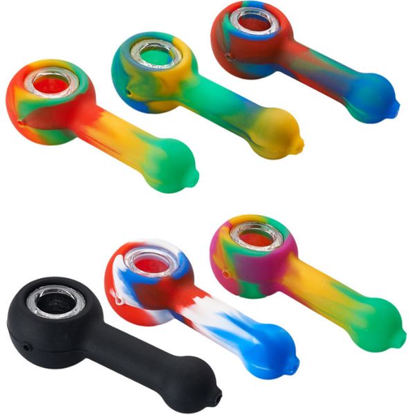 Mini Silicone Fumer Main Pipes 4.3 Pouces Avec Bol En Verre Accessoires Gel De Silice De Qualité Alimentaire Pour Tabac Herbe Sèche Brûleur À Huile Cuillère Tuyau Tuyaux D'eau Bongs