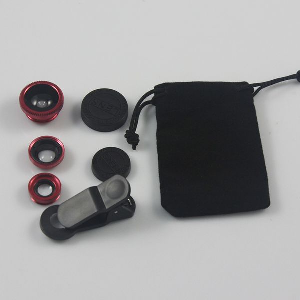 Mini tamaño 3 en 1 lentes telescópicas portátiles universales ojo de pez + gran angular + macro teléfonos inteligentes externos de alta resolución para Samsung HUAWEI iPhone
