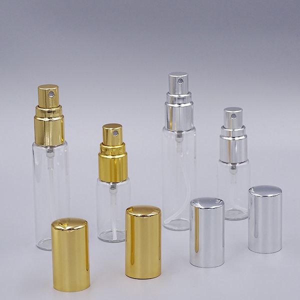 Mini botellas de spray de 5 ml de botella de perfume de vidrio delgada fina fina de 10 ml botella de spray de vidrio recargable de atomizador de perfume de vidrio con tapa de oro para viajar