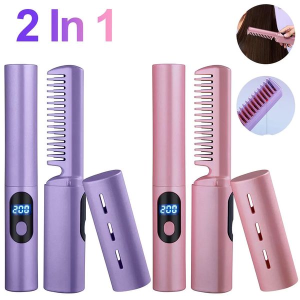 Mini brosse à lisser peigne femmes USB lisseur de cheveux rechargeable 2 en 1 peigne à cheveux appareils de coiffure droits 240326