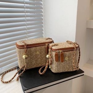 Mini Straw Bucket Crossbody Tas voor vrouwen Summer Weave Womens Brand Handtassen en portemonnees Fashion Chain Simple Shoulder Bags 240424