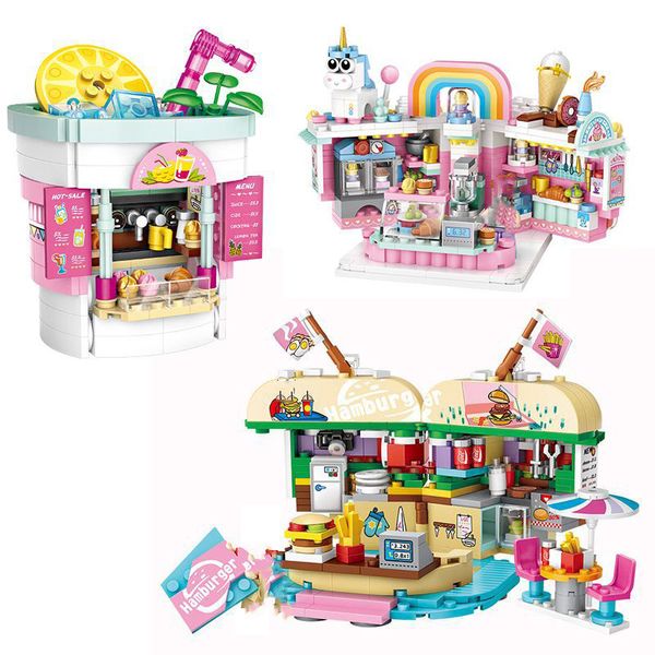 Mini Street View Amusement Park Ice Cream Cake Shop Gourmet Burger Restaurant Modèle Brick DIY Cadeau de jouets éducatifs pour enfants