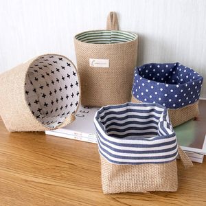 Mini panier de rangement élégant pour bureau coton lin tissu rond portable organisateur boîte pépinière paniers en tissu avec poignées pour étagères murales