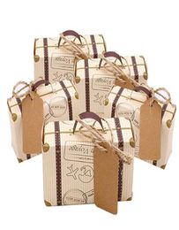 Mini Suitcase Favor Box Candy cadeaubas Vintage Kraft Paper met tags jute Twine voor bruiloft reis thema Brutale douche De9976296