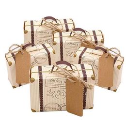 Mini Suitcase Favor Box Candy cadeaubas Vintage Kraft Paper met tags jute Twine voor bruiloft reis thema Brutale douche DE7812472
