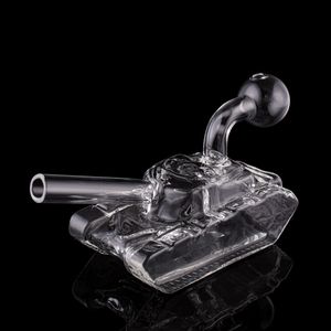 Mini Tank Design Glazen Bong met Gebogen Oliebranderpijp en Downstem Creatieve Rookwaterpijpen Kleine Waterpijpen Dab Rig Hand Bubbler Bongs voor Roken H5366