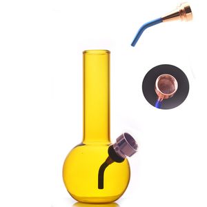 Mini Dikke bedwelmende waterpijp Reizen Portable Geel Kleurrijk glas water dab rig bong tabakspijp Recycler Ash Catcher waterpijpen met metalen rokende droge kruidenboog