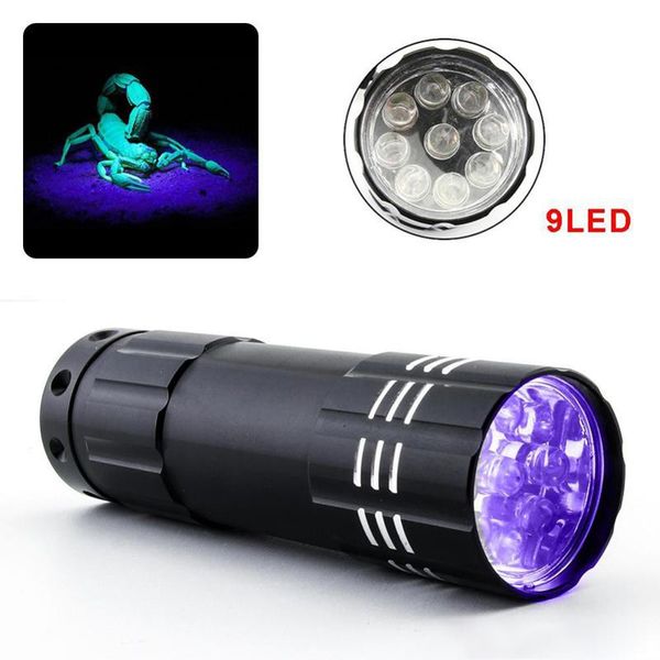 Mini linterna LED UV Luz violeta 9LEDs Lámpara de antorcha Luces de flash ultravioleta con pilas para detector de dinero antifalsificación Orina Escorpión