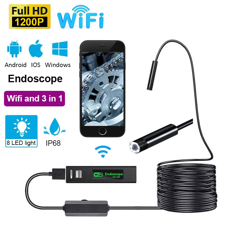 Mini Wifi Camera EndoScope Lenses Filters HD 1200P Vattentät Telefon Bildvideo för industriell bil Reparation Luftkonditionering Avloppssladd Undervattensdetektering