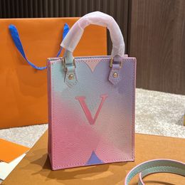 Mini bolsos de diseñador para mujer Bolso de mano rosa degradado Bolsos de hombro para mujer Bolsos de cuero Petit Sac Plat con letras Flores Bolsos de mensajero