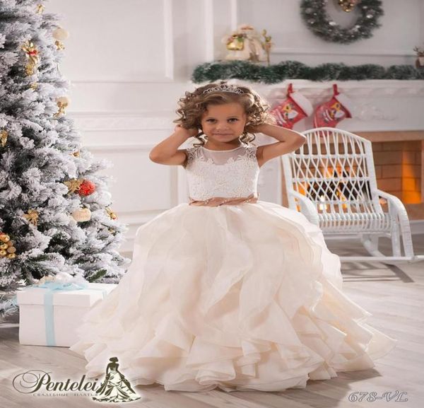 Vestidos de novia para niñas en miniatura Vestido de fiesta Flores de gasa con volantes Vestidos para niñas con cuello joya Hasta el suelo Cumpleaños Girl039s 4227171