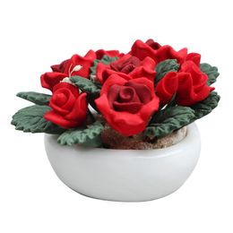 Modèle miniature de plante en argile faite à la main pour fleurs de maison de poupée bassin en porcelaine blanche Roses rouges 1222904