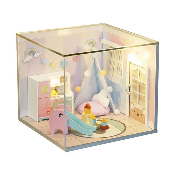 Miniature maison de salle de chambre bac stickers autocollants à la main materne de poudre à poussière modèle de poupée en bois meubles diy enfants pour enfants